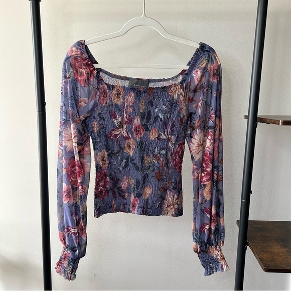 [xs] Anthropologie Rouen Top Periwinkle Purple Sheer Spring Floral Long Sleeve - Picture 2 of 11